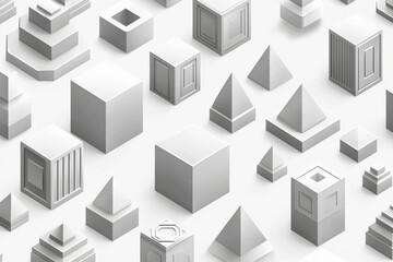 Seamless pattern of isometric geometric shapes in soft gray tones with high depth of field for modern design applications