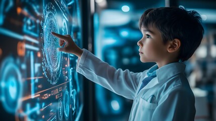 Young boy in crisp uniform engages with interactive digital display in a modern learning environment