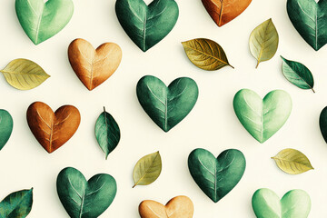Vibrant green and soft brown hearts and leaves create an eco-conscious seamless pattern on a pale cream background