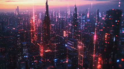 Obraz premium Smart digital Innovation city with connection network reciprocity over the twilight cityscape. of future smart wireless digital city and social media networking systems that connects people with city