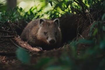 Fototapeta premium A wombat emerging from its burrow, nose twitching curiously, amid a backdrop of bushy undergrowth.