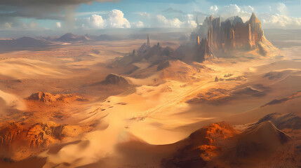 Naklejka premium Arid desert terrain with undulating sand dunes, wilderness, sand, desert, hot. Desert Haven. Illustration