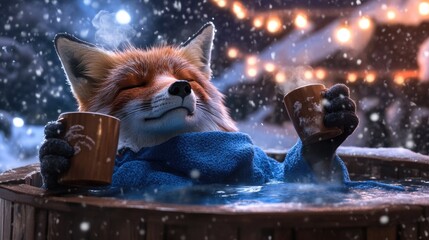 Relaxed fox in hot tub with winter scenery and hot beverages