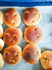 Unusual bakery buns with faces displayed in a fresh bread display