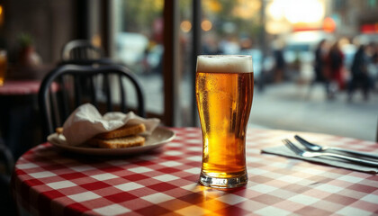 A glass of beer on a checkered tablecloth with a view of a bustling street, ideal for casual dining promotions.