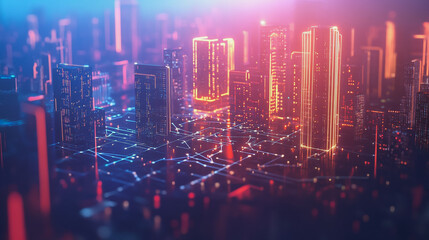 Fototapeta premium Smart digital Innovation city with connection network reciprocity over the twilight cityscape. of future smart wireless digital city and social media networking systems that connects people with city