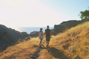 Obraz premium Young caucasian couple walking in sunlit countryside with sea view
