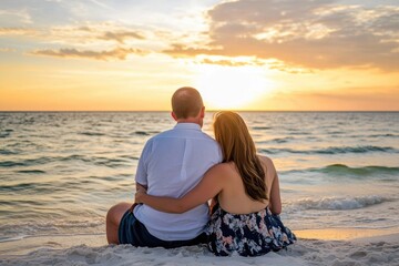 Couple watching sunset at beach - romantic evening scene with ocean view