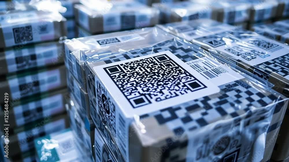Poster cardboard boxes with qr codes and barcodes stacked in a warehouse, ready for delivery, symbolizing e