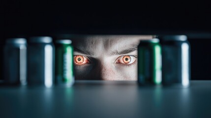 Intense gaze of young caucasian male amidst cans in dark room