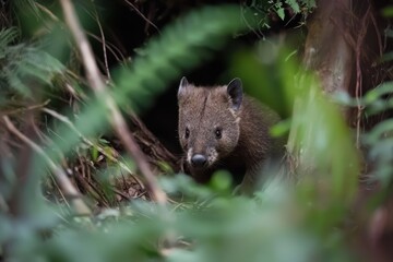Fototapeta premium A wombat emerging from its burrow, nose twitching curiously, amid a backdrop of bushy undergrowth.