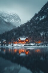 Fototapeta premium House and winter forest over lake with reflection covered by heavy snow.