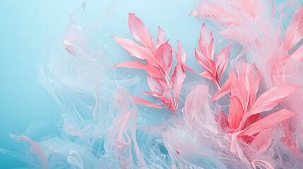 Obraz premium Light blue pastel background with soft pink plants and light pink and light blue ink splashes in water. Beautiful Banner with copy space and place for text