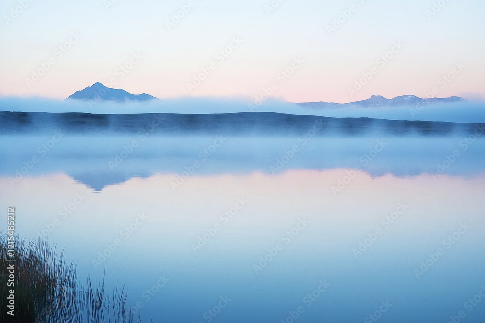 Aufkleber serene lake wrapped in fog at dawn with soft reflections of distant mountains