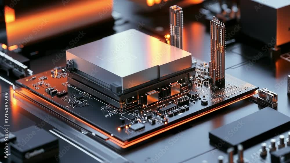 Poster close up of central processing unit being installed on motherboard, surrounded by electronic compone
