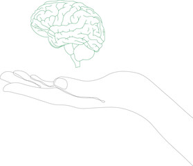 Female hand holding real green brain palm up on white background. Gesture.