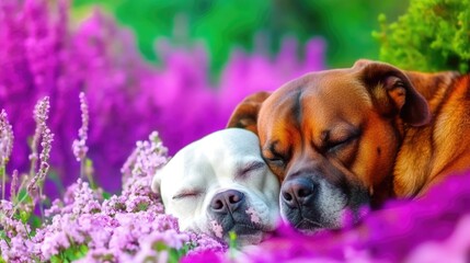 Two dogs sleeping peacefully on colorful flower bed with purple blossoms