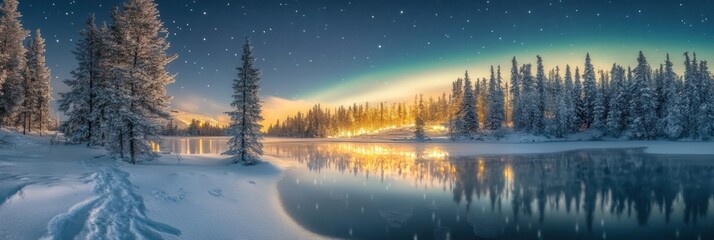 Beautiful aurora and winter landscape with snow forest.