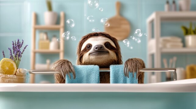 Adorable sloth enjoying a relaxing bath with bubbles in a cozy, decorated bathroom