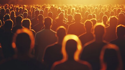 Diverse crowd gathered at sunset, silhouettes illuminated by warm light