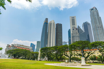 Singapore skyline at the Marina at sunny day , Singapore, Southeast Asia,