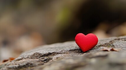 Fototapeta premium Small red heart-shaped object on rough stone surface outdoors