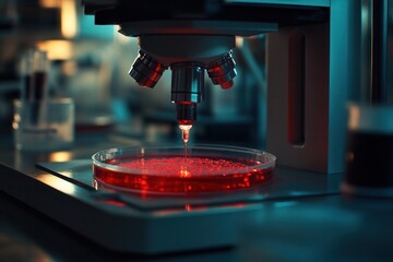 Advanced laboratory microscope focused on a petri dish filled with red solution under controlled lighting