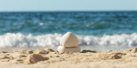 Stacked Stones on Sandy Beach with Ocean Background