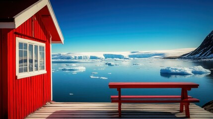 Fototapeta premium Arctic red cabin, icebergs, ocean view, sunny day, travel