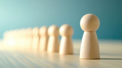 Wooden figures in row on light surface, focusing one