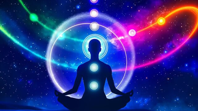 serene figure meditates vibrant cosmic sky,chakras aligned colorful harmony.Person meditating peacefully backdrop.Meditation depicted celestial atmosphere.Tranquillity universe achieved.and