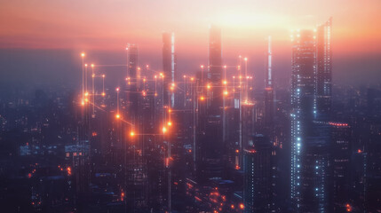 Obraz premium Smart digital Innovation city with connection network reciprocity over the twilight cityscape. of future smart wireless digital city and social media networking systems that connects people with city