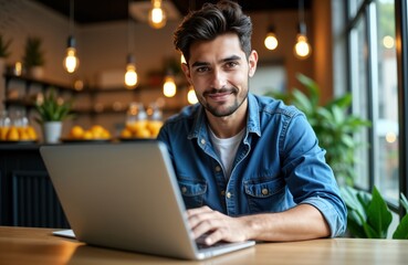 Hispanic man uses laptop in cafe. Looks confident, focused. Modern setting suggests remote work online training. Indoor urban cafe setting with natural light. Casual stylish attire. Man works on