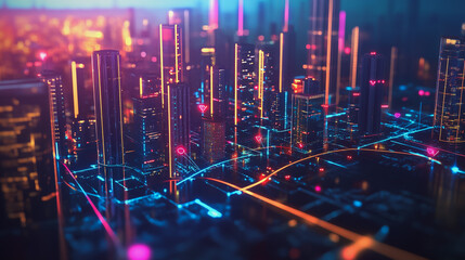 Smart digital Innovation city with connection network reciprocity over the twilight cityscape. of future smart wireless digital city and social media networking systems that connects people with city