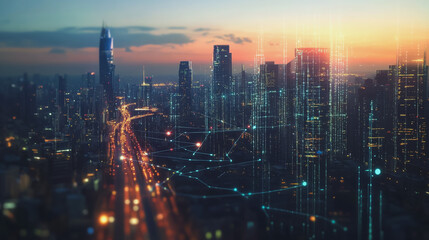 Fototapeta premium Smart digital Innovation city with connection network reciprocity over the twilight cityscape. of future smart wireless digital city and social media networking systems that connects people with city
