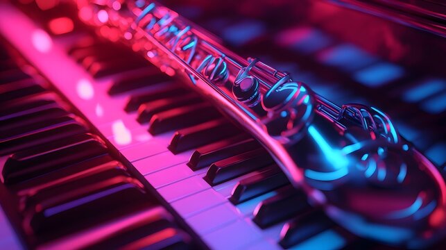Abstract jazz concept with a saxophone on neon-glowing keyboard