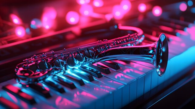 Abstract jazz concept with a saxophone on neon-glowing keyboard