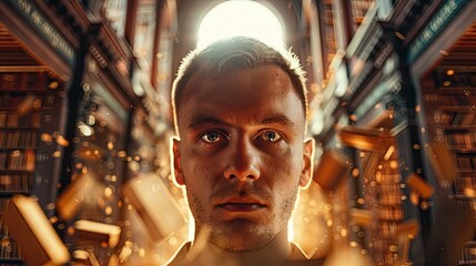 Young Man's Face Amidst Flying Book Pages in a Grand Library