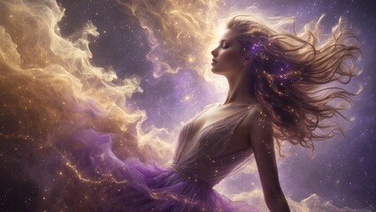 Ethereal cosmic woman surrounded by nebula streams