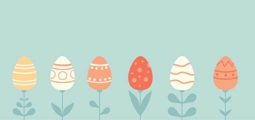 Happy Easter banner design. Greeting card, poster or banner with colorful eggs flowers. Minimalistic style easter background