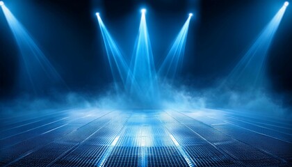 Obraz premium futuristic blue neon searchlights illuminate misty stage creating dramatic atmosphere