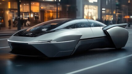 Obraz premium Futuristic Silver Vehicle Cruising City Street at Dusk
