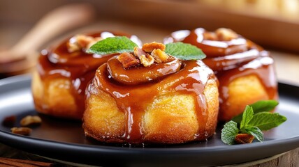 Sweet and sticky caramel rolls topped with pecans mint