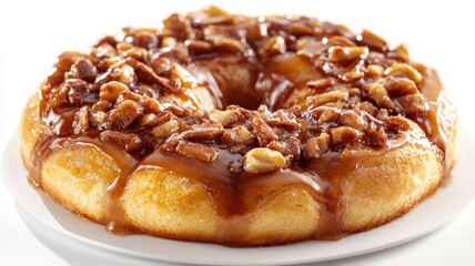 Caramel-glazed doughnut topped with crunchy pecans on white plate