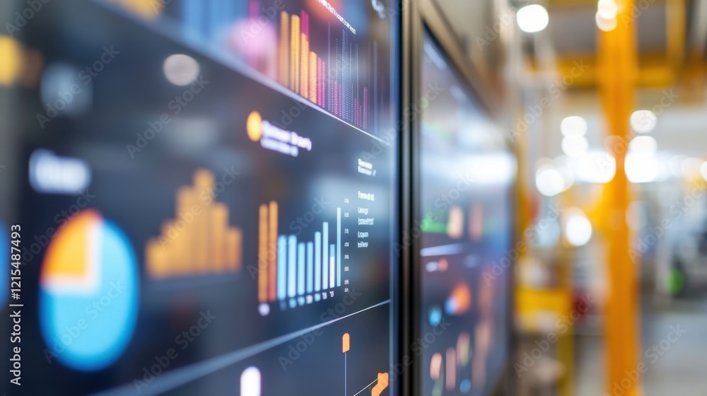 Poster large control panel showing various charts, graphs, and data visualizations in a modern factory or i