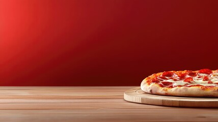 Delicious pepperoni pizza on wooden table with red background
