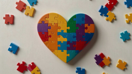 Brightly colored puzzle pieces forming a minimalist heart shape on a pristine white surface, symbolizing love and inclusivity. Minimal abstract Valentines concept. Love idea. Copy space.