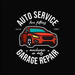 Car service emblem. Original vector illustration in vintage style. T-shirt design.