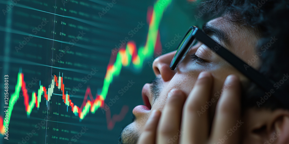 Poster exhausted trader observing stock market data on screen