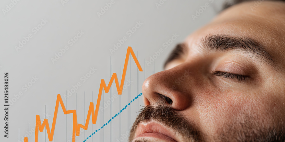 Poster man's face with overlaid ascending line graph
